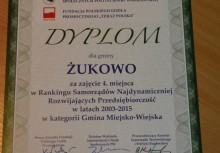 Dyplom dla Żukowa - czwarte miejsce wśród Rankingu Samorządów Najdynamiczniej Rozwijających Przedsiębiorczość  - powiększ