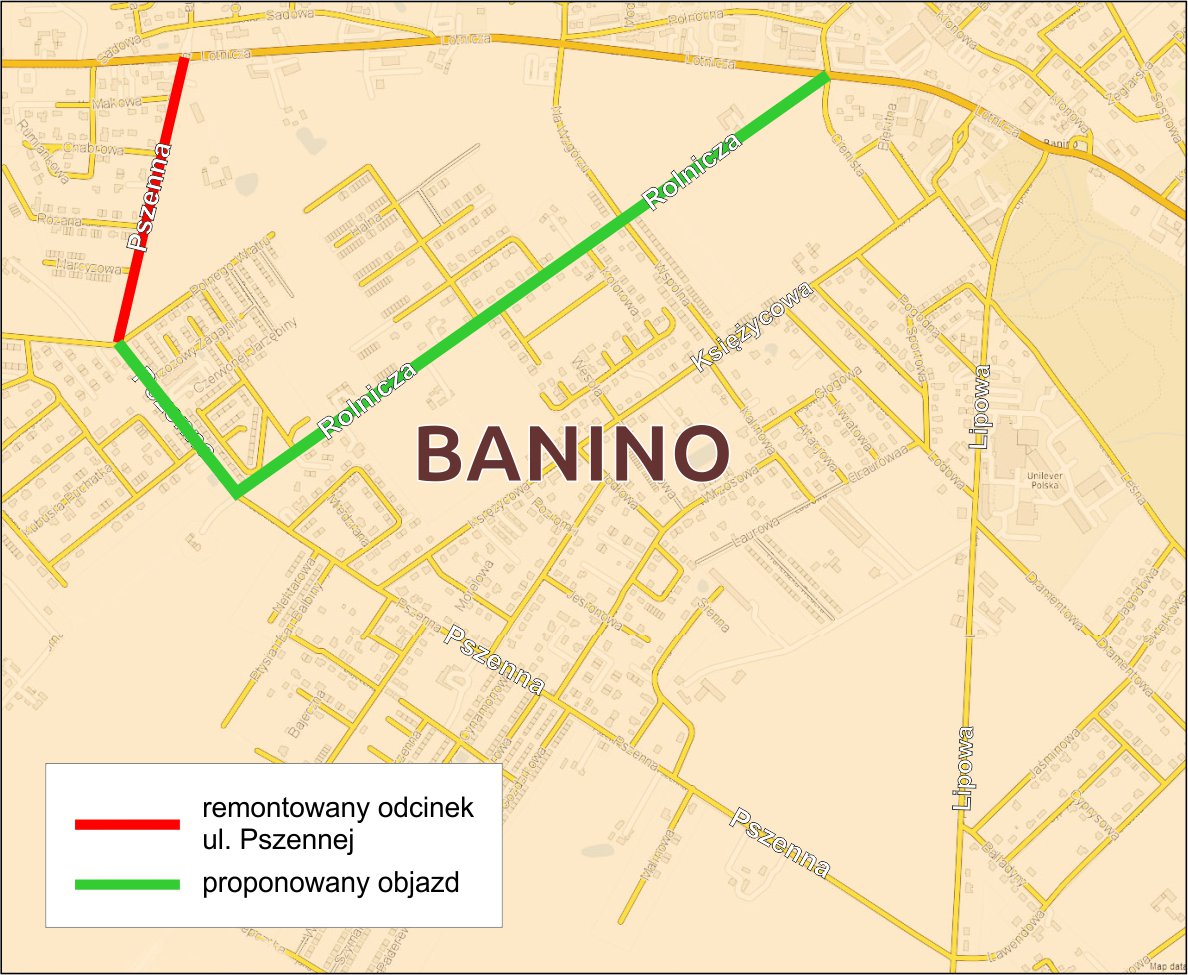 Mapa Banina ukazująca ul. Pszenną zaznaczoną w kolorze czerwonym oraz ul. Rolniczą zaznaczoną w kolorze zielonym. - powiększ