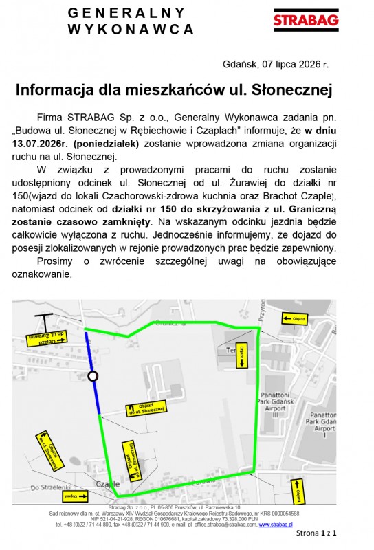 Zmiana organizacji ruchu na ul. Słonecznej w Rębiechowie i Czaplach