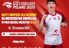 Plakat promujący Mistrzostwa Świata U21 w piłce ręcznej mężczyzn Polska 2025 – zawodnik w stroju reprezentacji Polski, informacja o biletach grupowych dla uczniów oraz data i lokalizacje turnieju. - powiększ