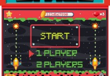 Grafika w stylu retro przedstawia ekran gry zręcznościowej „SPACE” z kosmicznym motywem – statki kosmiczne, przycisk „START” oraz opcje „1 PLAYER” i „2 PLAYERS”