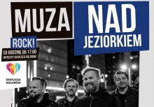 Plakat wydarzenia 'Muza nad Jeziorkiem'. W przeważającej części kolory czarne i białe - powiększ
