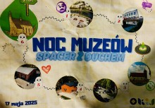 Plakat promujący Noc Muzeów 2025 w Gminie Żukowo pod hasłem ‘Spacer z Duchem’. Na grafice zaznaczono trasę zwiedzania z ikonami duchów i lokalnymi punktami – m.in. kościół, muzeum, scenę plenerową i obiekty kultury.  - powiększ