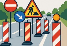 Ilustracja przedstawiająca oznakowanie robót drogowych – znaki zakazu, nakazu oraz tablice ostrzegawcze i pachołki ustawione na jezdni. W tle droga z drzewami i nadjeżdżający samochód.
