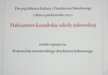 Dokument potwierdzający wpisanie haftu żukowskiego na krajową listę niematerialnego dziedzictwa kulturowego - powiększ