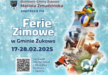 Plakat z napisem Ferie Zimowe w Gminie Żukowo. - powiększ