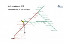 Schemat linii autobusowej KZ3 w ramach komunikacji zastępczej – przedstawia trasę od Kościerzyny do Somonina z przesiadką na pociąg linii SKM w Somoninie; linia przebiega m.in. przez Skorzewo, Gołubie i Rybaki. - powiększ