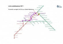 Schemat przebiegu linii autobusowej KZ1 uruchomionej w ramach komunikacji zastępczej za pociągi PKM – trasa od Kościerzyny do Gdańska Głównego z przesiadką na pociąg linii Szybkiej Kolei Miejskiej na stacji Gdańsk Rębiechowo. - powiększ