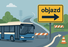 Z lewej strony autobus z prawej znak informujący o objeździe .