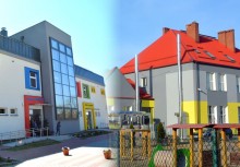 Na fotografii dwa budynki szkół . Po lewej stronie szkoła w Chwaszczynie a po prawej Szkoła w Tuchomiu .