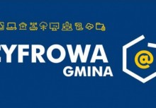 Niebieska plansza z żółtymi ikonami, logo programu Cyfrowa Gmina i napisem 'CYFROWA GMINA' - powiększ