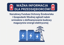 Grafika informacyjna: Narodowy Fundusz Ochrony Środowiska i Gospodarki Wodnej ogłasza nabór wniosków o dofinansowanie budowy magazynów energii elektrycznej – ważna informacja dla przedsiębiorców. ⚡ - powiększ