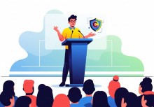 Ilustracja wektorowa – mężczyzna przemawia z mównicy do publiczności, w tle symbol tarczy z logiem bezpieczeństwa cybernetycznego. - powiększ