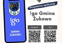 Na grafice telefon z herbem Gminy Żukowo, kody QR do pobrania aplikacji i napisy: 'Bezpłatna aplikacja', '!go Gmina Żukowo' - powiększ