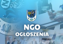 Grafika informacyjna z herbem Gminy Żukowo i napisem „NGO OGŁOSZENIA” na niebieskim tle z elementami ilustracyjnymi i zdjęciami. - powiększ