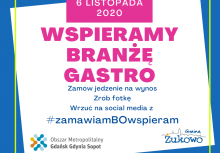 Grafika głównie niebiesko-biało-różowa z napisami: 6 listopada 2020; wspieramy branżę gastro. Zamów jedzenie na wynos, Zrób fotkę, Wrzuć na social media z #ZamawiamBOWspieram. Niżej loga Obszaru Metropolitalnego Gdańsk Gdynia Sopot i Gminy Żukowo