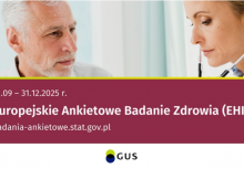 Plakat Europejskiego Ankietowego Badania Zdrowia. Na zdjęciu mężczyzna i kobieta-lekarz ze stetoskopem 