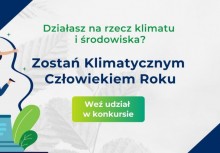 Plakat informujący o konkursie w kolorach białym, granatowym i zielonym