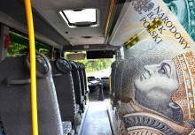 Grafika (po prawej zdjęcie autobusu, po lewej banknot dwustuzłotowy)