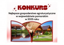 Grafika promująca konkurs – z napisem „KONKURS” oraz zdjęciami gospodarstw agroturystycznych, w tym domków i zwierząt gospodarskich.