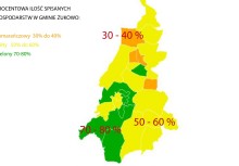 [mapa Gminy Żukowo w formacie jpg] Mapa Gminy Żukowo przedstawiająca procentową ilość spisanych gospodarstw rolnych na poszczególnych obszarach gminy  - powiększ