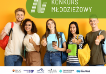 Plakat z grupą 5 młodych osób, nad nimi napis 'Nowy Akumulator Apołeczny. Konkurs młodzieżowy'