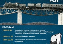 plakat wydarzenia, na nim pociąg, plan wydarzenia - powiększ