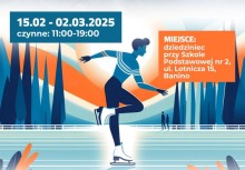 Na plakacie łyżwiarz na lodowisku oraz dane dotyczące lodowiska w ferie - powiększ