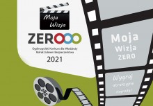 Grafika konkursu Moja wizja ZERO
klaps filmowy i rolka z taśmą filmową.