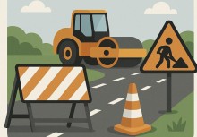 Na grafice: walec drogowy, pachołek, znak ostrzegawczy z symbolem robotnika. 