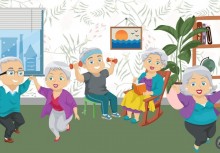 Grafika na której widać kilkoro seniorów wykonujących różne czynności fizyczne - powiększ
