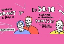 Grafika przedstawia 3 starsze osoby oraz hasła: 'zdobądź grant do 50 tys. zł' oraz 'do 30.10 czekamy na innowacyjne pomysły na rzecz osób starszych', a także adres strony 'www.sieciwsparcia.pl