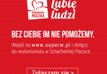 Czerwony tło, logo Szlachetnej Paczki i dominujące napisy: 'Lubię ludzi' i 'Bez Ciebie im nie pomożemy'