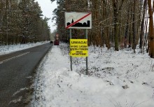 Przy ulicy znak oznaczający wyjazd z terenu zabudowanego, pod nim żółta tabliczka z napisem: uwaga wysoce zjadliwa grypa ptaków obszar zapowietrzony