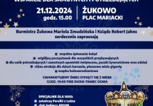Plakat szczegółowo zapowiadający wydarzenie „Wigilia 2024” w Żukowie – wsparcie dla samotnych i potrzebujących. Zawiera datę, miejsce, program (wspólne łamanie się opłatkiem, kolędowanie, świąteczny poczęstunek, prezenty) oraz atrakcje, tak - powiększ