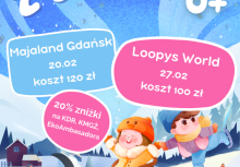 Plakat pt. 'Ferie z OKiSem 6+'. Poniżej 2 chmurki z propozycjami wycieczek oraz szczegóły. Pod chmurkami grafika psa ciągnącego dziecko na sankach oraz jadącego na łyżwach drugiego dziecka.  - powiększ