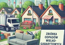 Grafika przedstawia domy oraz samochód Ciężarowy zbierający odpady .  - powiększ