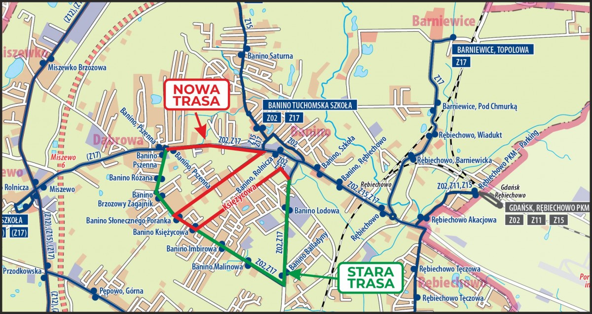 Zmiany w kursowaniu autobusów Z02 i Z17 w związku z II etapem remontu ul. Pszennej w Baninie