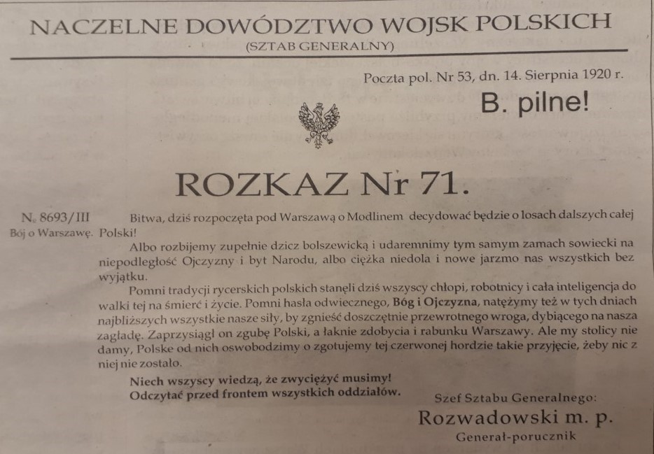 [fot. BBujnowska-Kowalska] Zdjęcie rozkazu szefa Sztabu Generalnego Wojska Polskiego Tadeusza Rozwadowskiego - powiększ